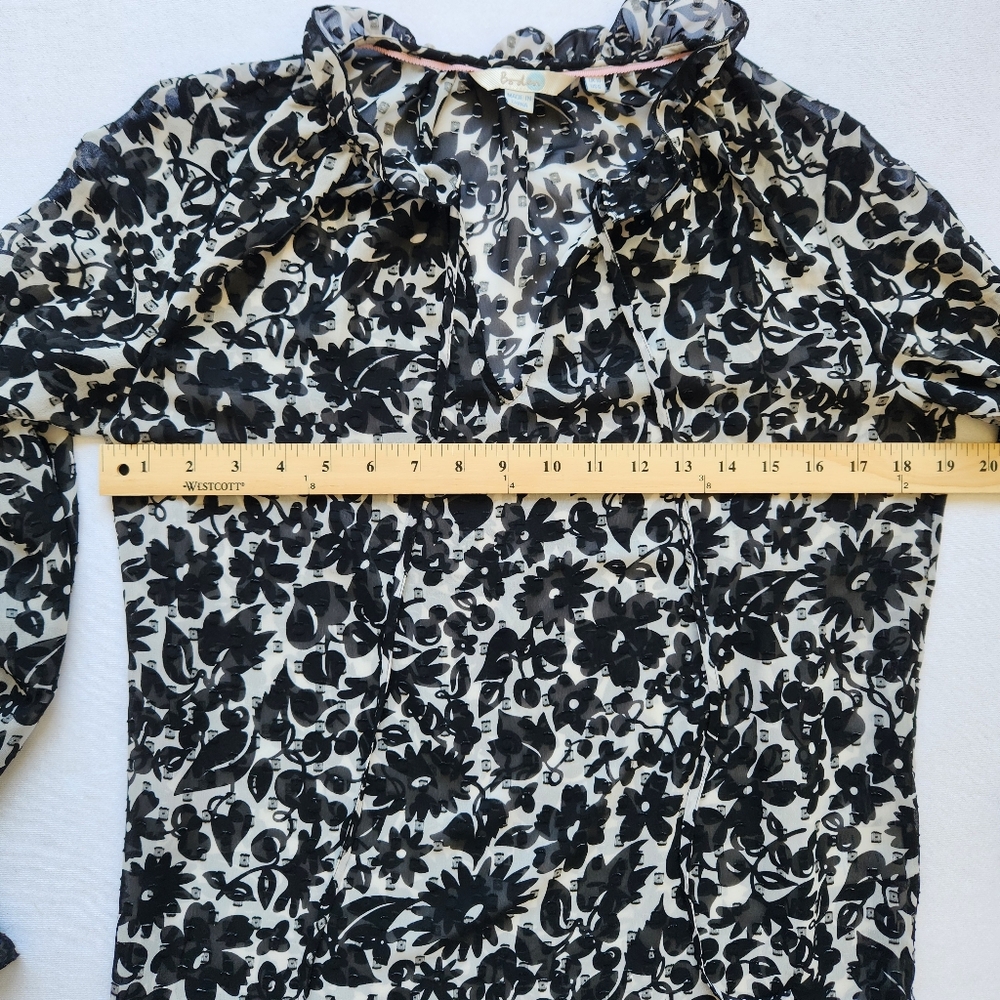 Boden Maddie Floral Top Black White Sheer Long Sleeve Ruffled Neck Tie Size 6 - Picture 13 of 16